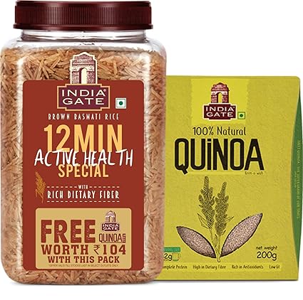 INDIA GATE Brown Basmati Rice | 12 Min Active Health Special with Rich Dietary Fibre, 1 Kg Jar with 200 gm Quinoa Free