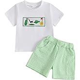 Mobbdow Toddler Baby Boy Clothes Golf Cart Embroidery Short Sleeve T-Shirt Top Gingham Seersucker Shorts Set Summer Outfits