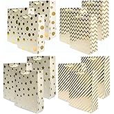 UNIQOOO 12PCS Metallic Gold Christmas Gift Bags Bulk with Handle, Large 12.5 x10 Inch, Assorted Modern Geometric Paper Gift Wrap Bags, For Valentines Day Holiday Birthday Wedding Gift Packaging Decor