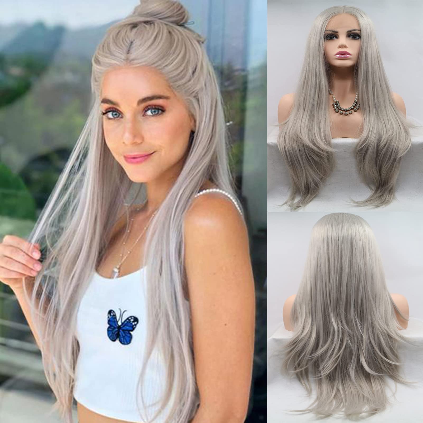 AFBeauty Lace Front Wigs for Women Grey Silver Wigs Long Natural Straight Gray Wig Ash Platinum Blonde Real Hair Wig Glueless Pre Plucked Hairline Synthetic Heat Resistant Drag Cosplay Daily 24 Inch