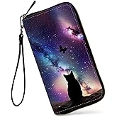 GFRGTFHYT Womens Wallet, Large Capacity RFID Blocking PU Leather Wristlet Wallets for Women Ladies Men Credit Card Holder Zipper Phone Holder Clutch Travel Purse, Galaxy Cat