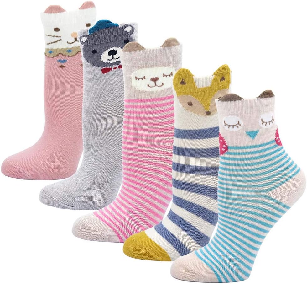 LOFIR Girls Boys Socks Kids Cotton Socks Cute Animal Cartoon Socks Dog Cat Pattern Socks Toddler Novelty Mini Crew Socks for Toddler Age 2-11, 5 Pairs