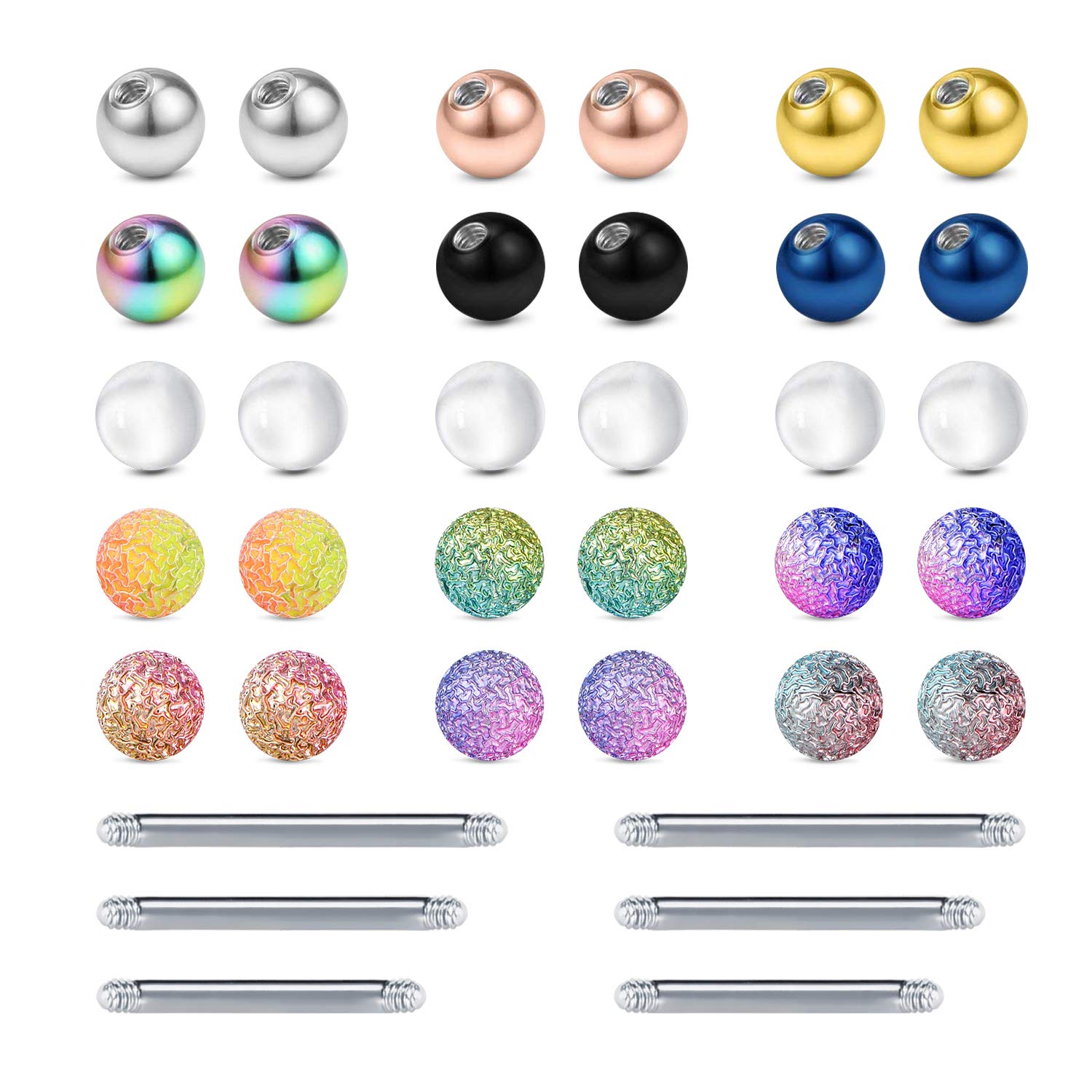 LAURITAMI 30pcs Replacement Piercing Balls 5mm Surgical Steel & Acrylic 14G Tongue Bars Balls Barbell Body Jewellery