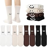 scenicamp 4 Pairs Women Slouch Crew Socks Cute Fun Smile Face Retro Ribbed Scrunch Cotton Socks for Casual Athletic