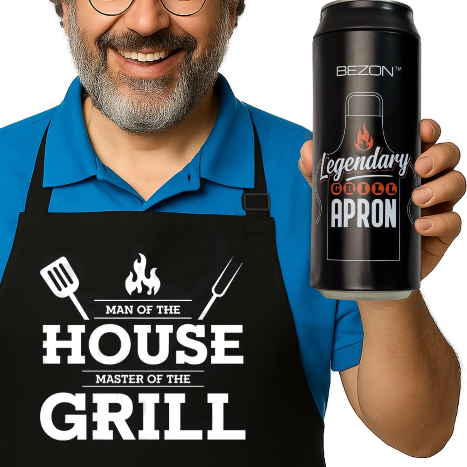 Photo 1 of Funny Grill Apron for Men – Beer Can Gift Packaging – Hilarious BBQ Gift for Dad, Husband, or Friend – Heavy-Duty Water-Resistant Canvas – Man of the House, Master of the Grill