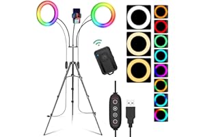 SEBIDER Dual 8" RGB Selfie Ring Light with Stand and Phone Holder, 76" Extendable Light Stand & Dimmable 29 Colors of Double LED Circle Lights for TikTok/Live Stream/Makeup/YouTube