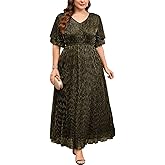 ZOMVA Plus Size 0X-4X Sparkly Mesh Maxi Formal Dress Ruffle Sleeves V Neck A-line Flowy Dress Evening Gown Cocktail Prom