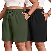 Evervibe 2 Pack Women's Casual Linen Shorts Bermuda Plus Size L-5xl Knee Length High Waist Summer Shorts with Pockets