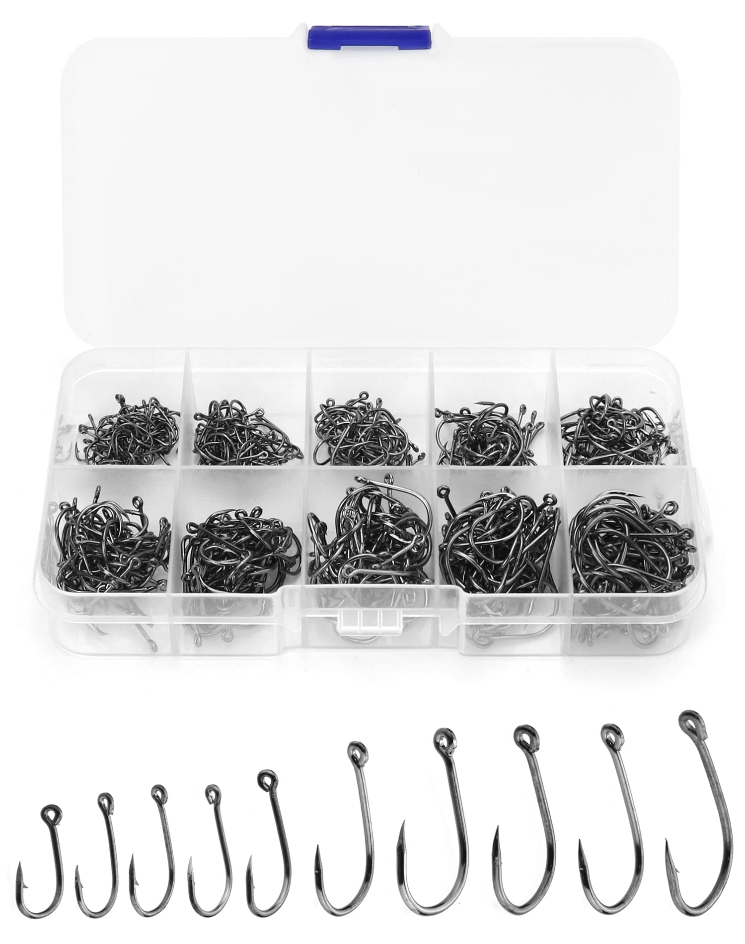 QWORK® Fishing Hook With Barbs, Fishing Tackle Accessories, 500pcs, 10 Sizes, High Carbon Steel