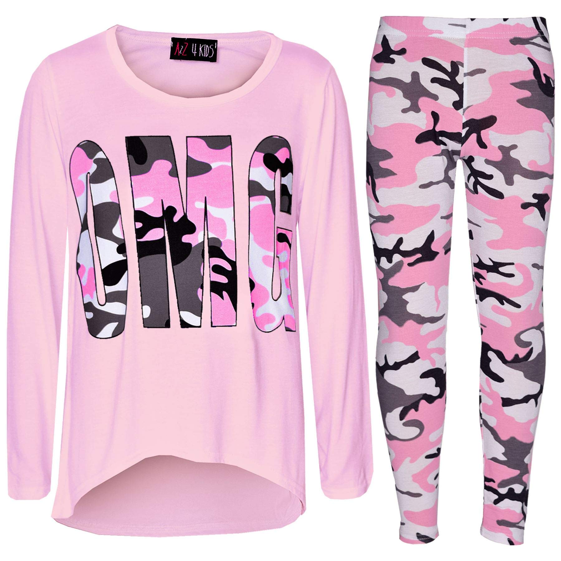 A2Z 4 KidsGirls OMG Camouflage Print 3/4 Sleeves Trendy T Shirt Tops & Legging Set Age 7 8 9 10 11 12 13 Years