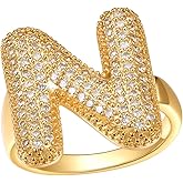 FindChic Initial Ring for Women, Gold Plated Chunky Letter Rings Open Adjustable Trendy Sparkling Cubic Zirconia Personalized Statement Rings Jewelry Gift