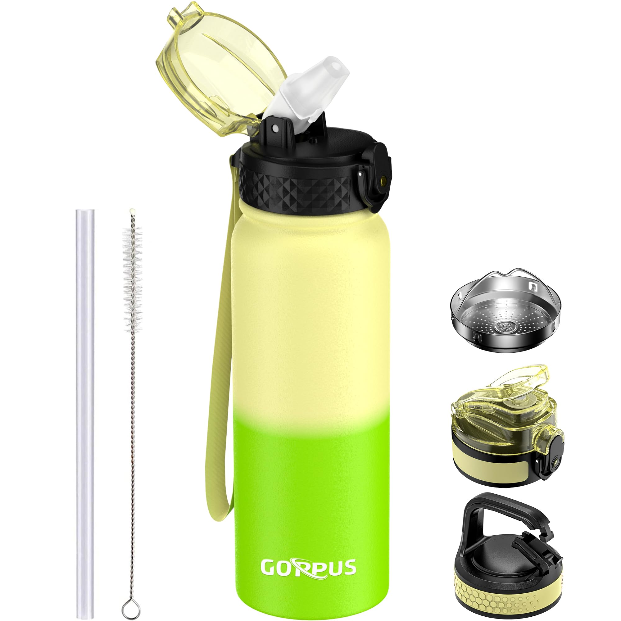 GOPPUS 600ml/20oz Stainless Water Bottle with Straw Double Wall Insulated Bottles with Strap One Hand Open Vacuum Thermal Flask Leakproof Keep Cold Bottles with Flip Top Lid BPA Free (Yellow Green) — image 1