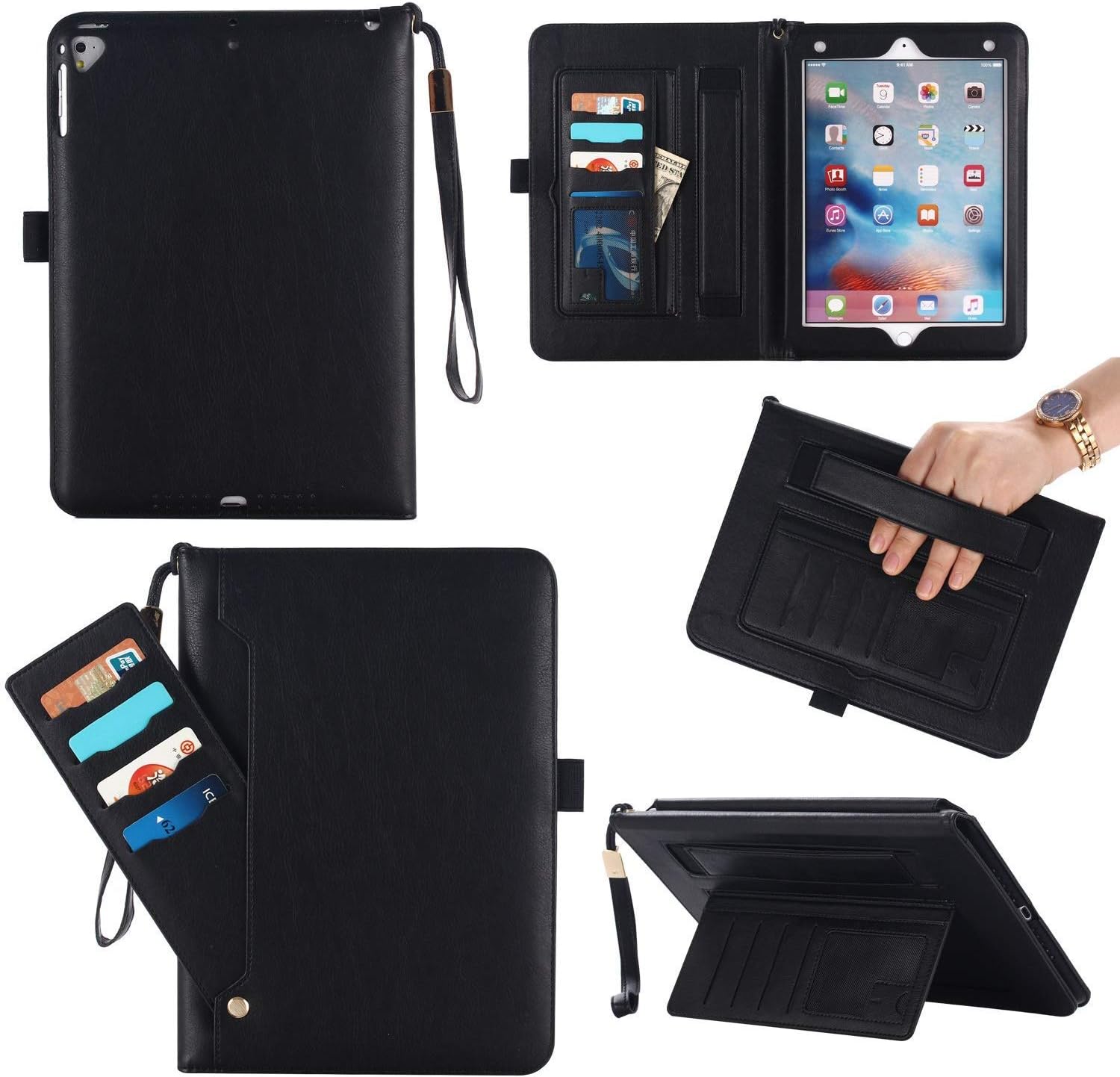 TecKraft Smart Case Soft Folio PU Leather Flip Cover with Handstrap, Card Slots for Apple iPad Air/Air 2 (Black)