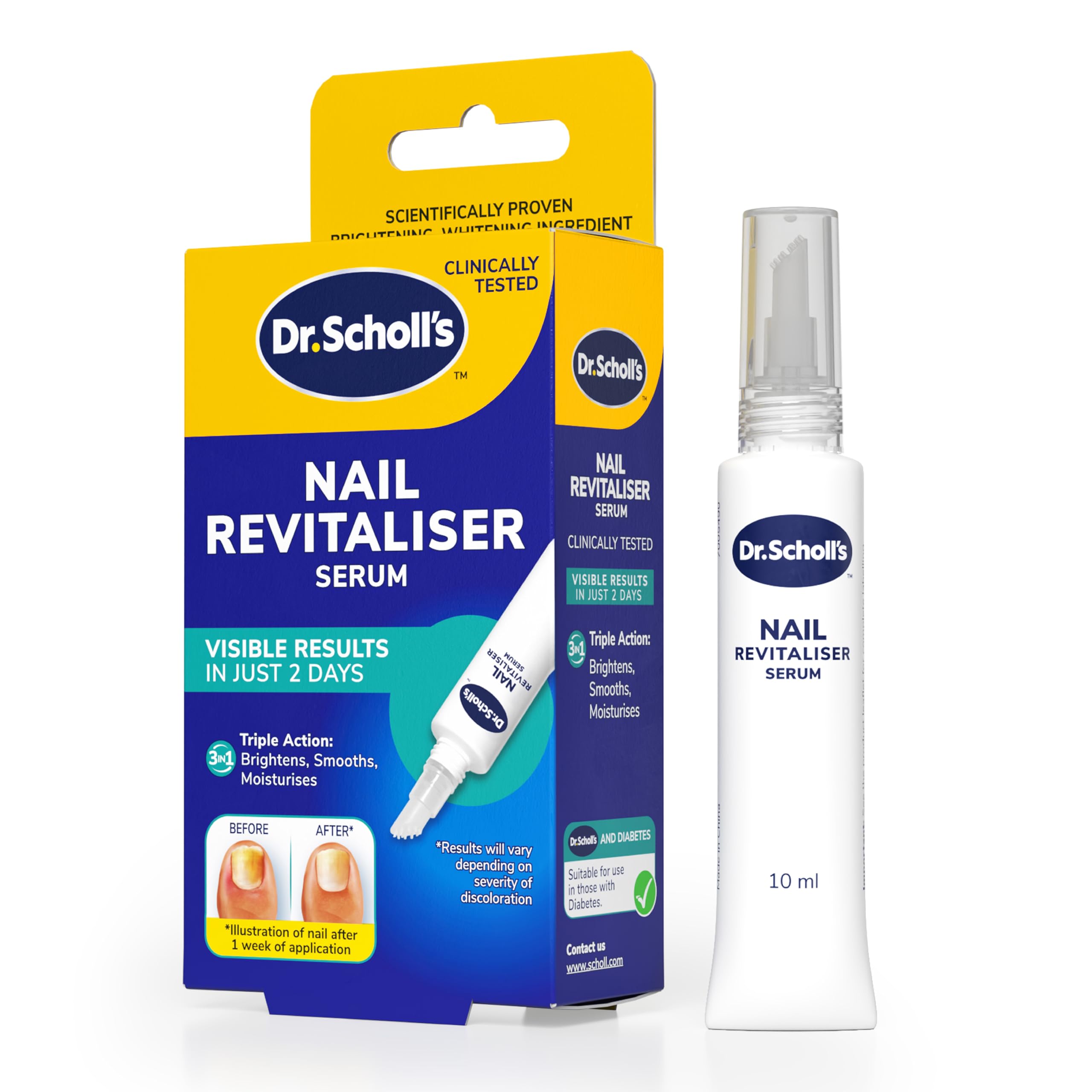 Dr. Scholl's Nail Revitaliser Serum 10ml - Visible Results in Just 2 Days, Triple Action: Brightens, Smooths and Moisturises, Nails and Toenails Damaged by Fungal Nail