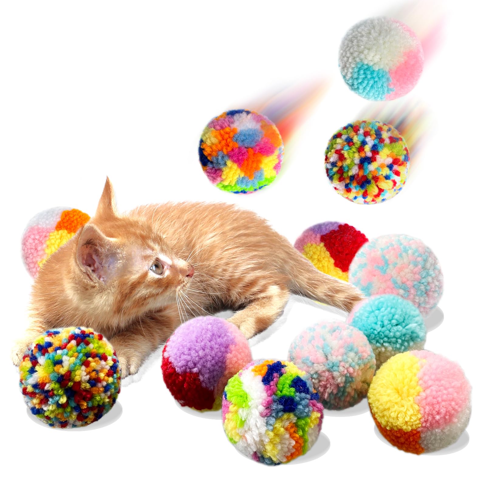Photo 1 of YUBONUS Assorted Color Cat Ball Toys, Woolen Yarn Puffs Pom Balls Interactive Kitten Chasing Toys Cat Chase Balls (12Pcs)