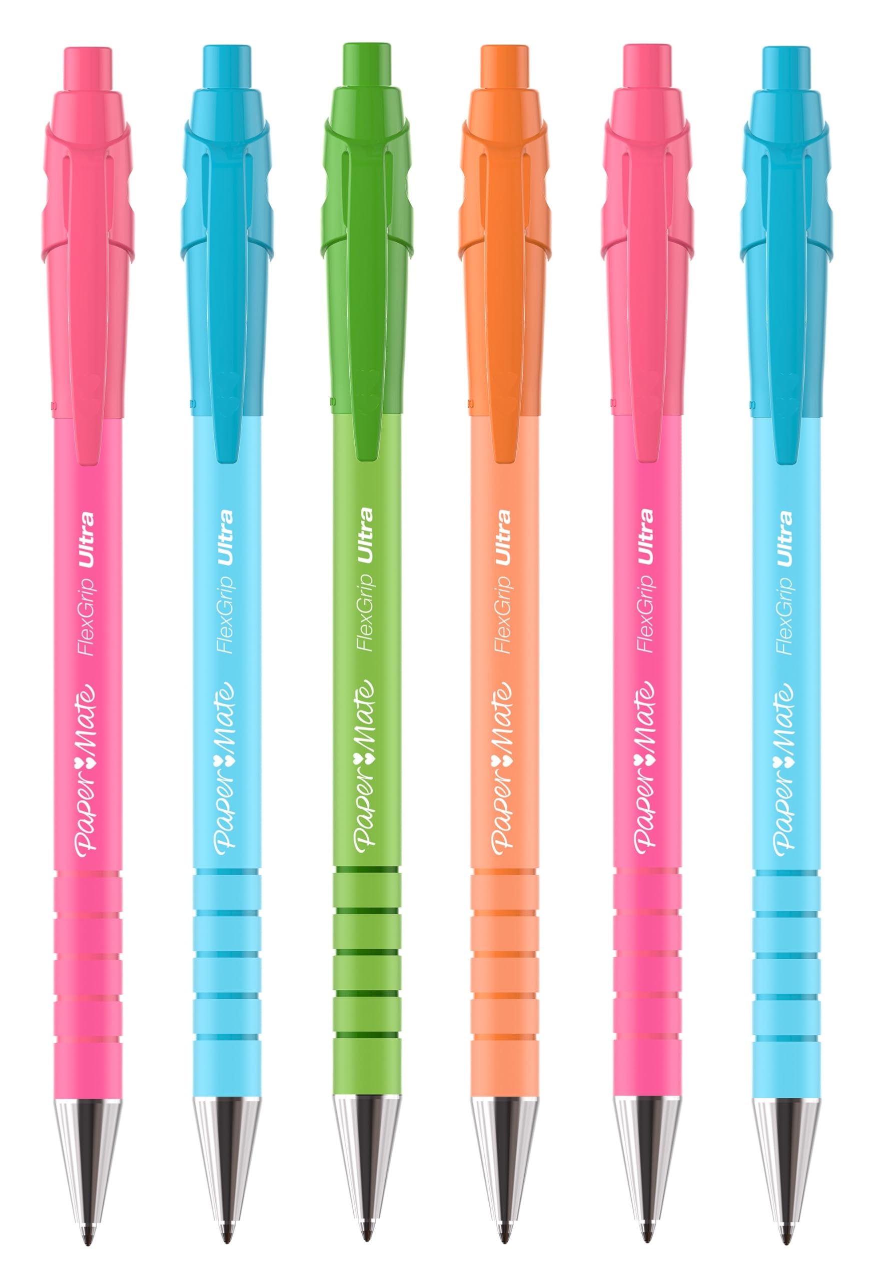 Paper Mate FlexGrip Ultra Retractable Ballpoint Pens | Blue Ink | Medium Point | 6 Pack | Bright Retro Barrels