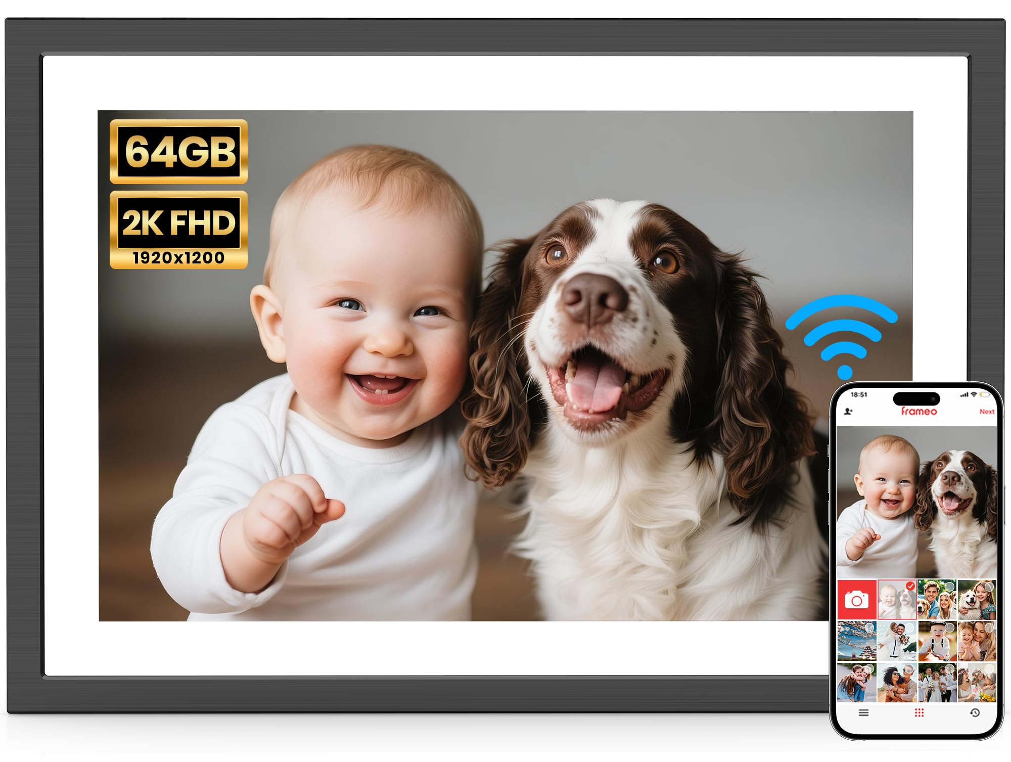 Photo 1 of 2K 64GB Frameo 10.1" Digital Picture Frame WiFi Electronic Photo Frame FHD 1920 x 1200 IPS Touch Screen Share Moments Remotely Anywhere Photo Gi-fts for Mother Dad Grandparents Christmas