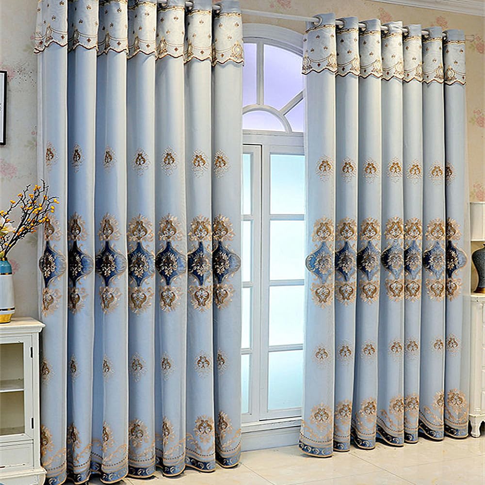 Amidoudou 1 Pair European Double Layer Curtains with Lace for Living Room Bedroom Luxury Embroidered Blackout Curtains (Blue,66 x 84 Inch)