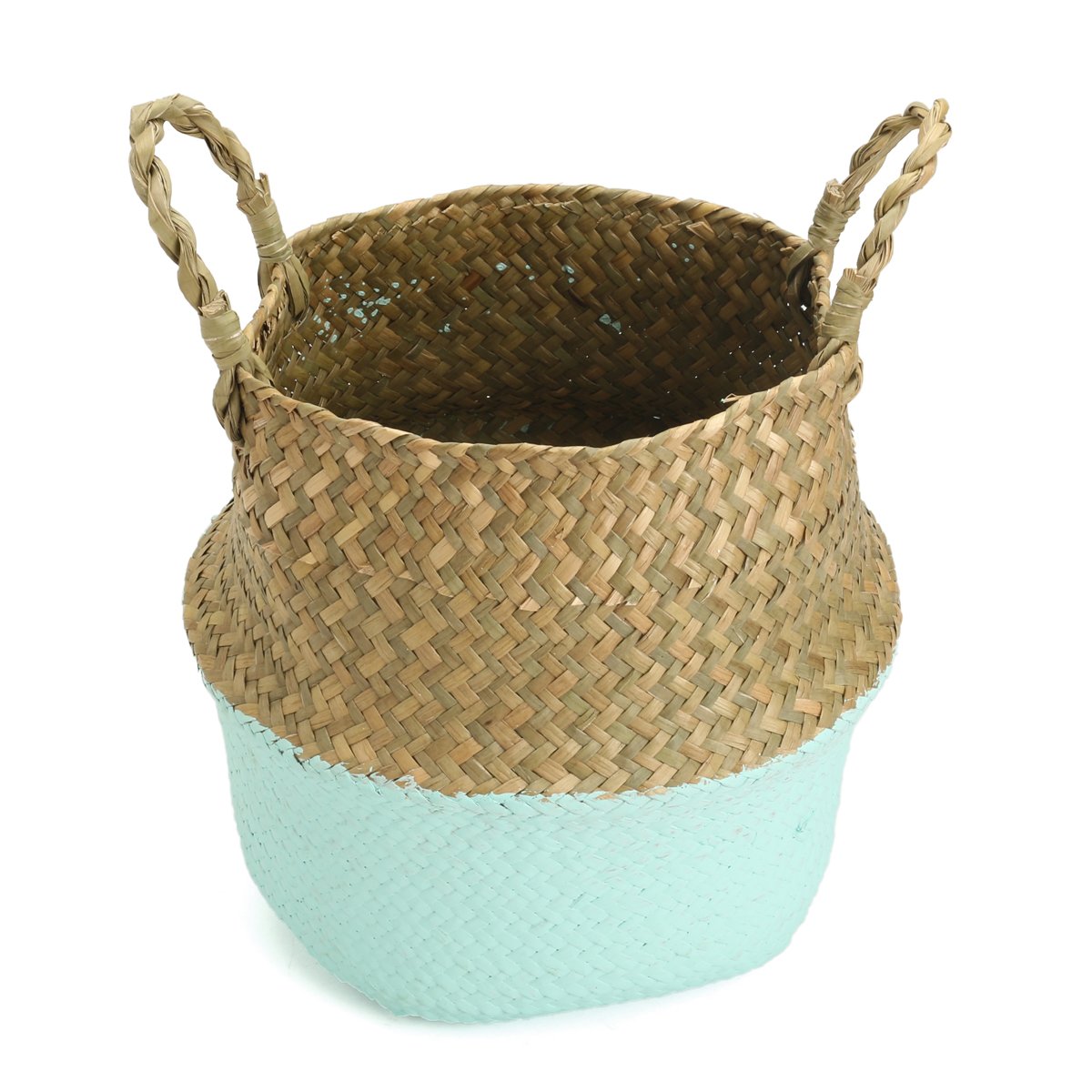 Jeteven Seagrass Belly Basket Laundry Washing Toys Basket Natural Storage Straw Planter Green 26x22cm