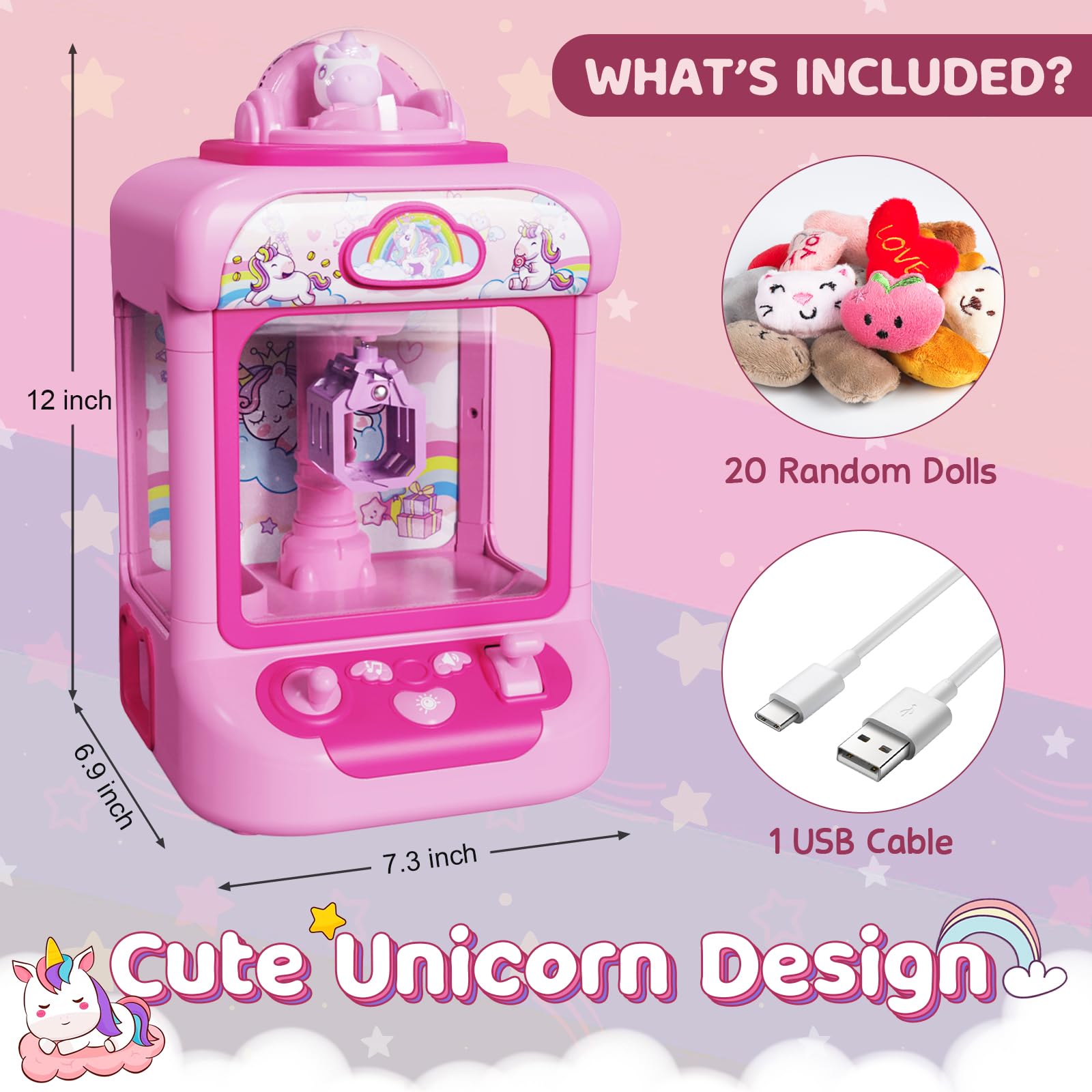 Marlrin Claw Machine for Kids, Mini Vending Machine Girls Unicorn Toys, Candy Grabber Prize Dispenser with Sound & 20 Mini Plush Toys, Electronic Arcade Game Indoor Toy for Home Party Birthday Gifts