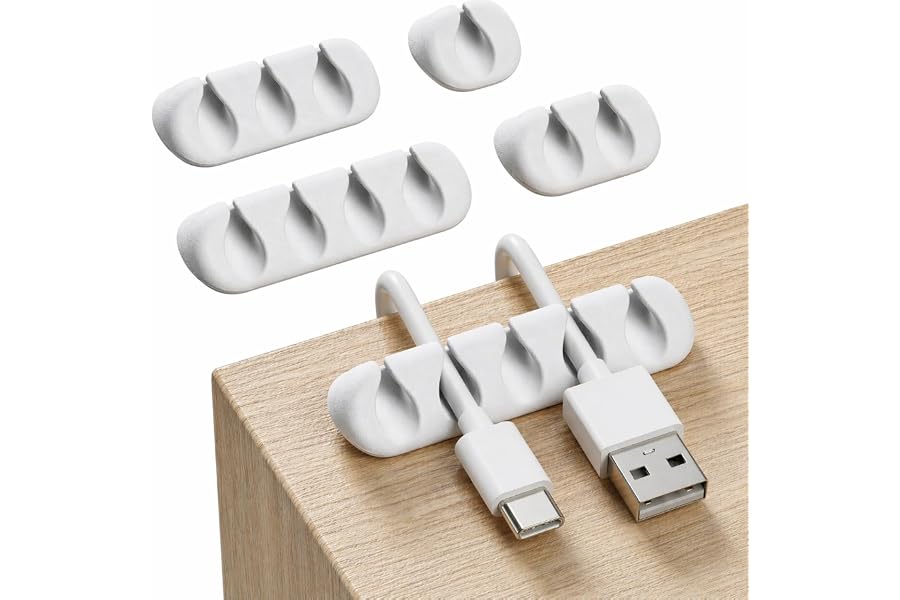 Cord Organizer for Desk, Nightstand Cable Holder, 5 Pack, Multislot, White | GLUIT Adhesive Charger Organizer, Cable Management for Desk Car Office Home College Dorm Room Cable Clips for Cords