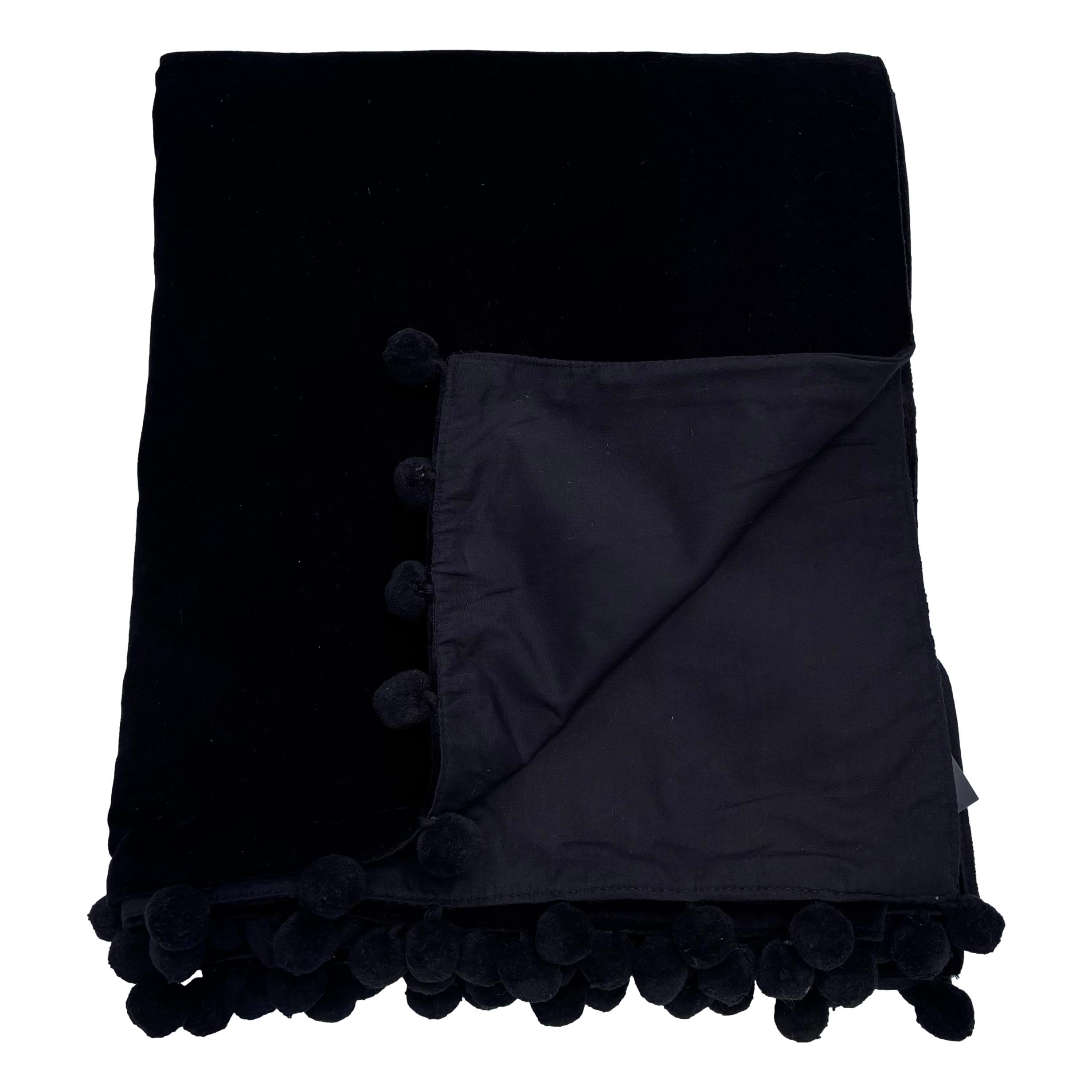 Ragged Rose 140 cm x 180 cm Throw Blanket - Pom Pom Throw Made of Cotton Velvet with Pompom Trims on Sides - Versatile Cotton Velvet Blanket for Sofa & Bed — image 1