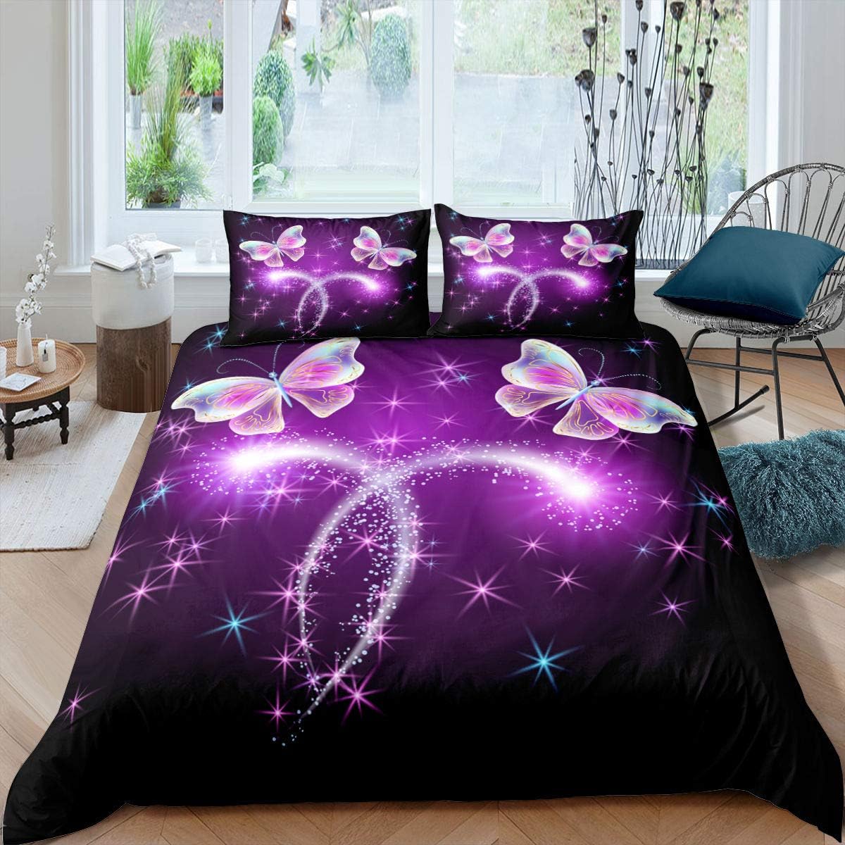 Erosebridal Butterfly Duvet Cover Purple Starry Sky Comforter Cover Insect Bedding Set Sweet