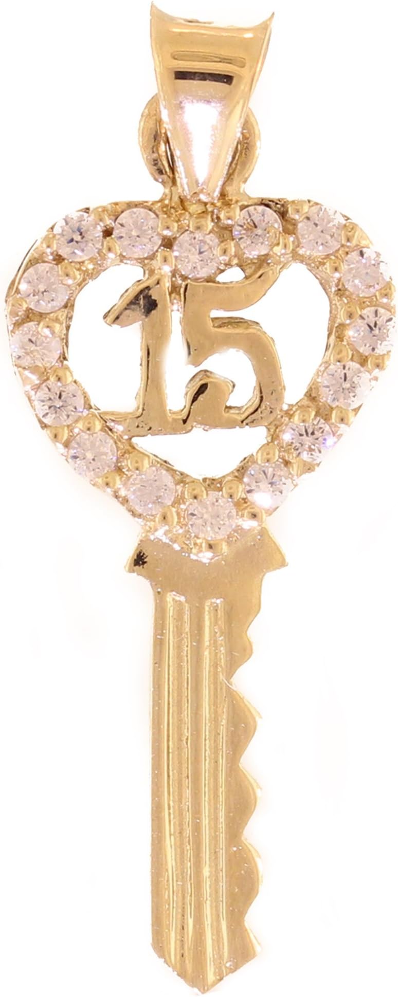14K Yellow Gold Quinceañera Heart Key Pendant with CZ