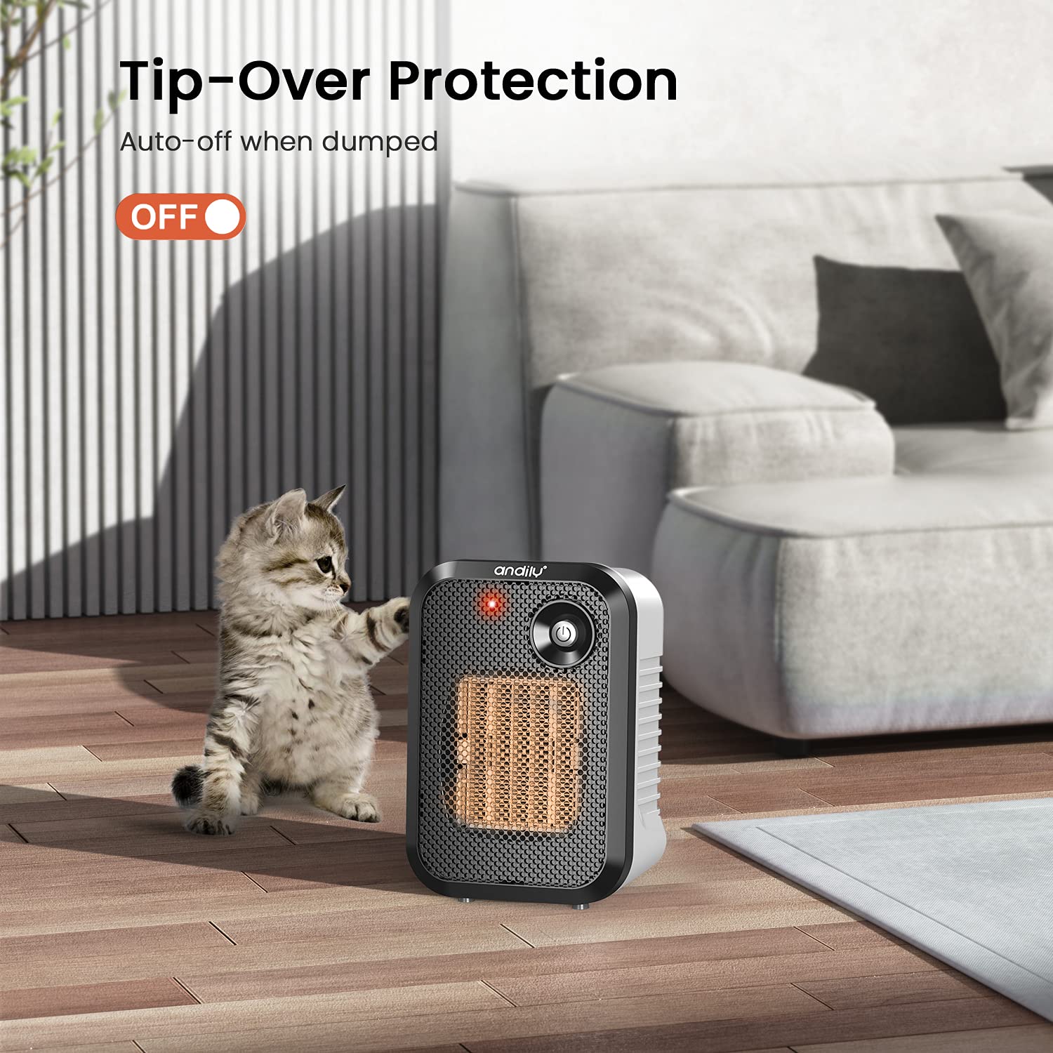 andily 500W Space Heater Electric Heater for Home&Office Indoor Use Small Heater on Desk with Safety Power Switch PTC WHITE
