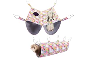 BESNEW Enlarged Ferret Rat Hammock Set,2 Holes Waterproof Guinea Pig Hammock,Cute Guinea Pig Printed Toys Hanging Tunnels and Tubes Soft Hiding Playing Sleeping