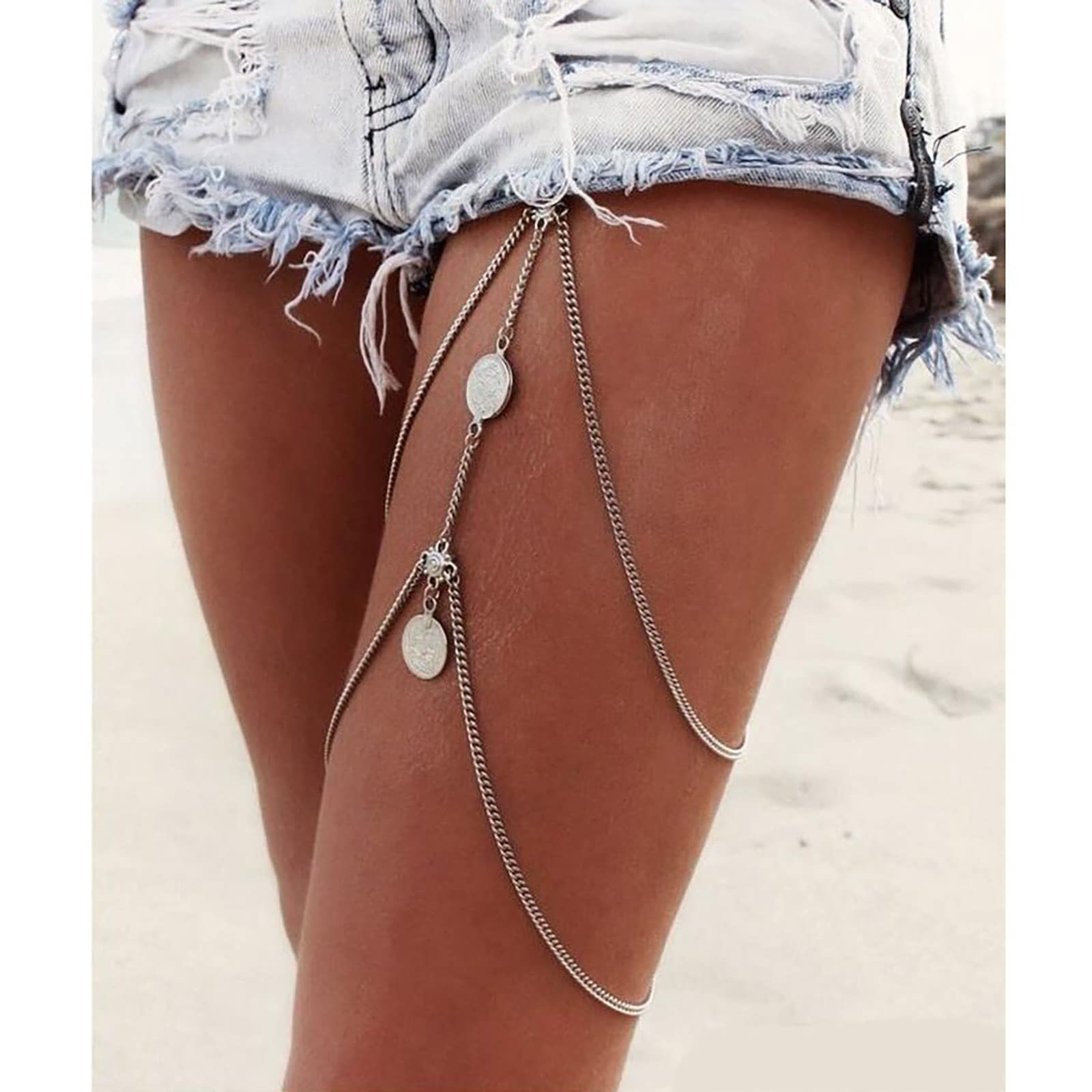 TseenYi Boho Elastic Thigh Leg Chain Layered Thigh Chain Chain Tassel Disc Leg Chains Summer Beach Jewelry for Women and Girls（Silver 1 Pcs)