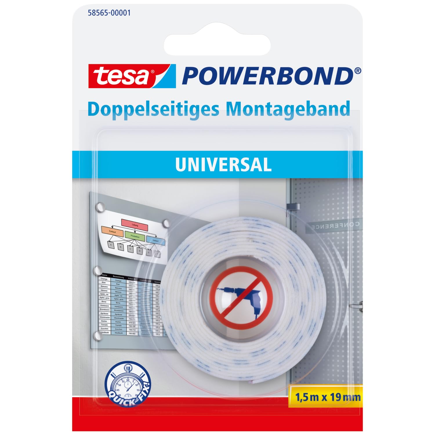 tesa UK 58565-00001-00 Powerbond Universal Double Sided Foam Tape for Crafts - White, 1.5 m x 19 mm