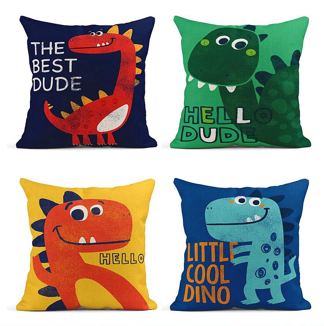 ArtSocket Set of 4 Throw Pillow Covers Colorful Dino Little Dinosaur Cute Drawn As Drawing Green Kids Decor Linen Pillow Cases Home Decorative Square 18x18 Inches Pillowcases