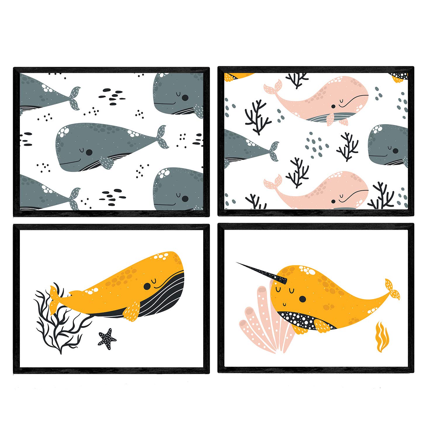 Nacnic Pack of four posters with pictures of whales. Leaves with children pictures of whales. Composicion whales in the background sea. A3 size without frame โ image 1