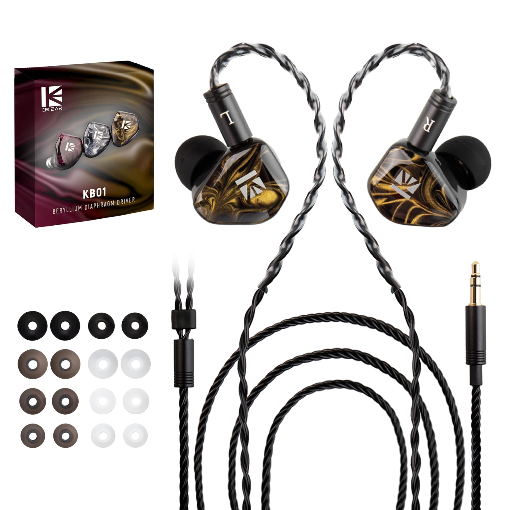 KBEAR KB01 In-Ear Monitors, Hi-Fi Beryllium Diaphragm Dynamic Driver Headphones, Wired Earbuds for Musicians and Singers with Clear Sound, OFC Cable/Resin Cavity
