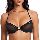 DOBREVA Women's Mesh Front Closure Racerback Bra Lace Trim Unlined Underwire Sexy Plunge Sheer Bras Y Back