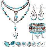 SANSTHS Bohemian Western Jewelry Set Turquoise Necklace Earrings Bracelets Rings Western Accessories for Women Cowgirl Gifts