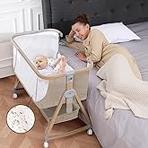 Baby Bassinet, Basinet Bedside Sleeper with Waterproof Bassinet Sheets and Soft Mattress, Safe Adjustable Height Bedside Bass
