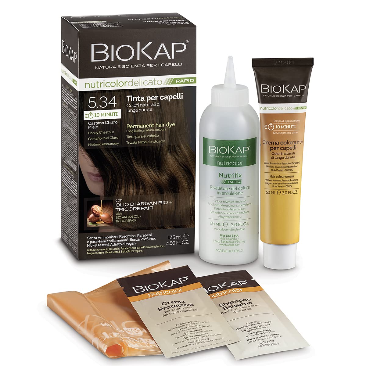 BIOKAP RAPID Permanent Hair Colour 5.34 Honey Chestnut Brown Only 10 Minutes Reaction Time Organic Argan Oil TricoREPAIR Complex Vegan Optimal Grey Coverage Up to 80% Natural Ingredients