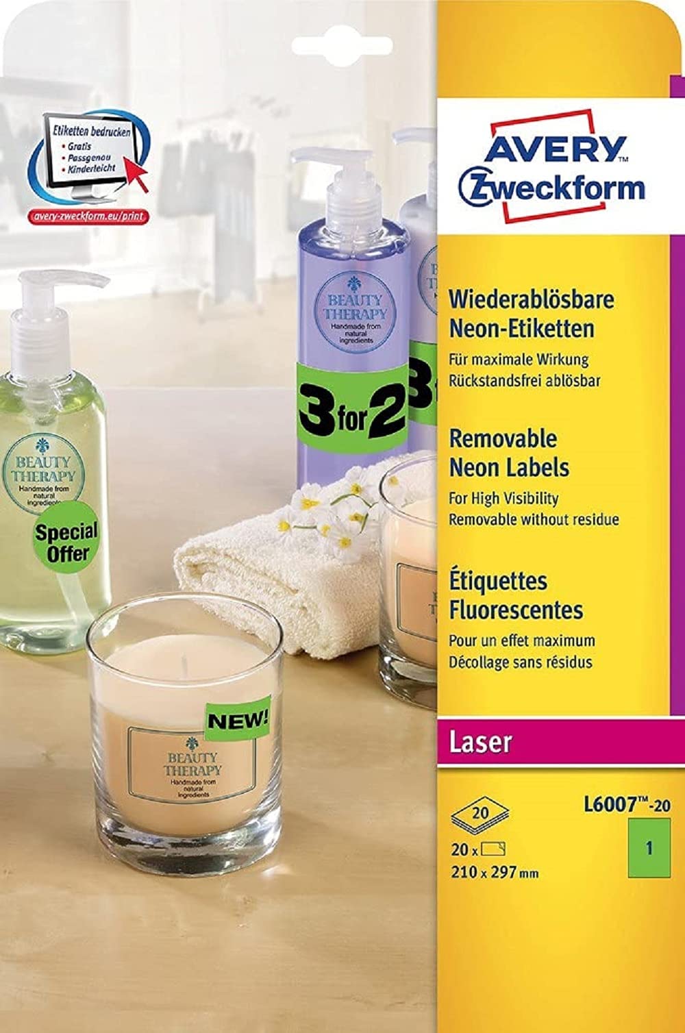 Avery L6007-20 20 A4 Labels Removable 2010 x 297 mm Fluorescent Green