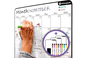 HMMAGNETS Large Dry-Erase Magnetic Monthly Calendar + Free Bonus: 3 Grocery/to-Do List Whiteboards (Organizer/Planner) for Kitchen Fridge - Full Set: 8 Markers + Eraser | Stain Free | Vertical