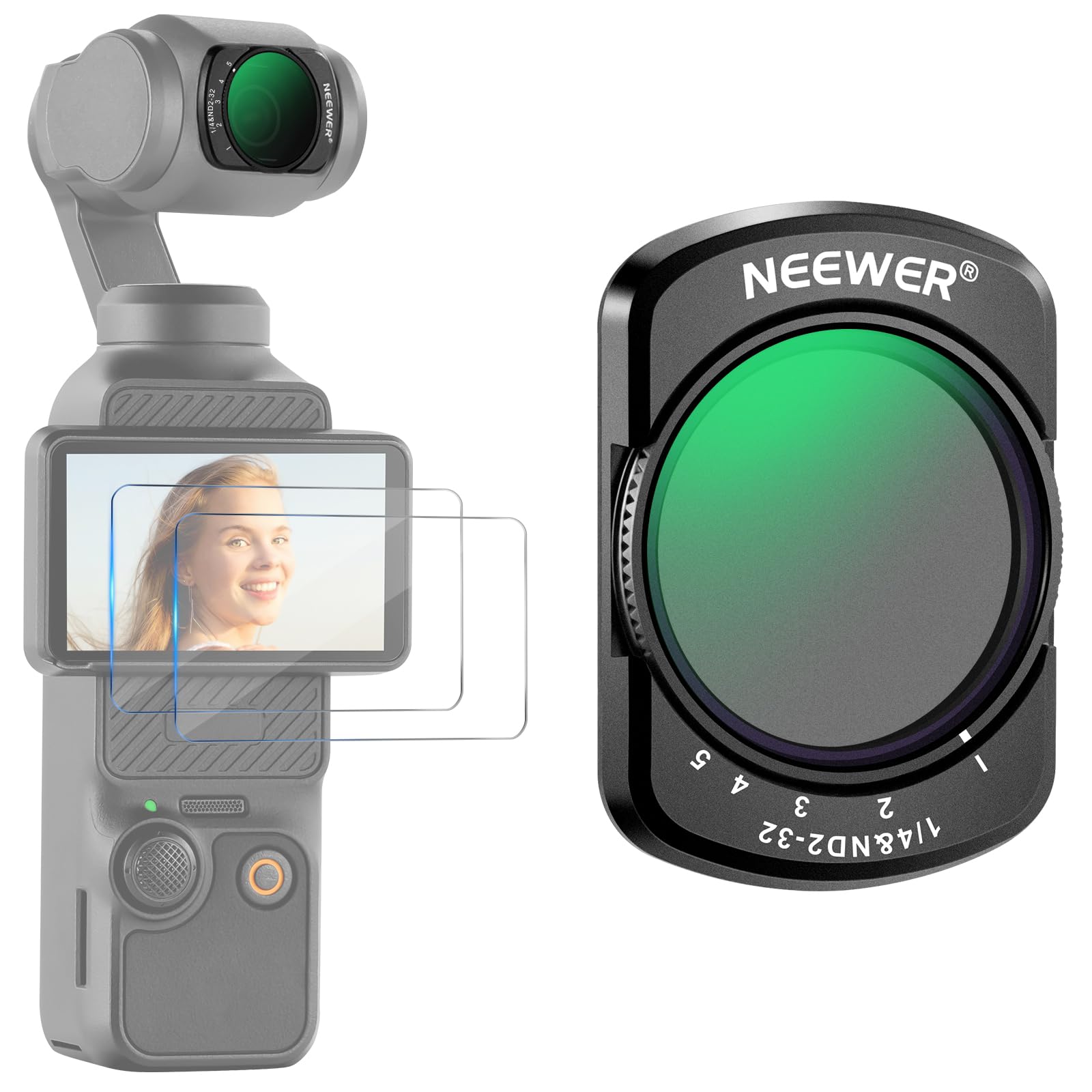 NEEWER Variable ND & 1/4 Black Diffusion Effect Filter Compatible with DJI Osmo Pocket 4 Pocket 3 Creator Combo Accessories, Magnetic Action Camera ND2-32 Lens Filter Kit & 2 Screen Protector