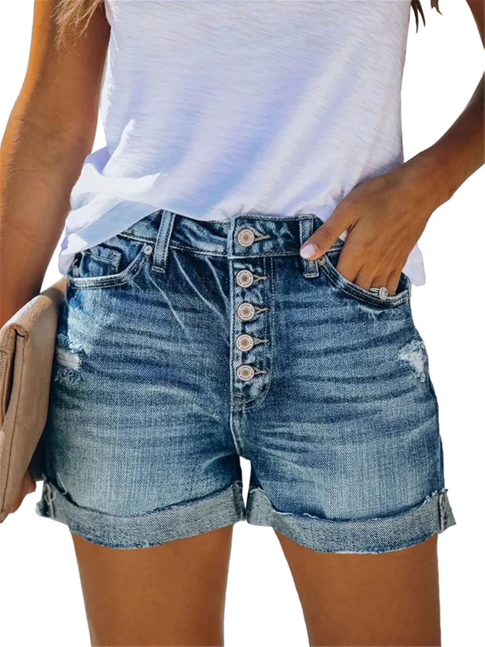 Angerella Denim Shorts for Women Mid Rise Ripped Jean Shorts Stretchy Folded Hem Hot Short Jeans at  Women’s Clothing store