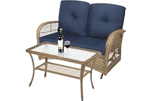 MEETWARM Outdoor Wicker Patio Glider Set, Loveseat for 2 Person Porch Furniture Glider with Glass-Top Coffee Table, Patio Glider Rocking Bench with Thickened Cushions, Navy Blue
