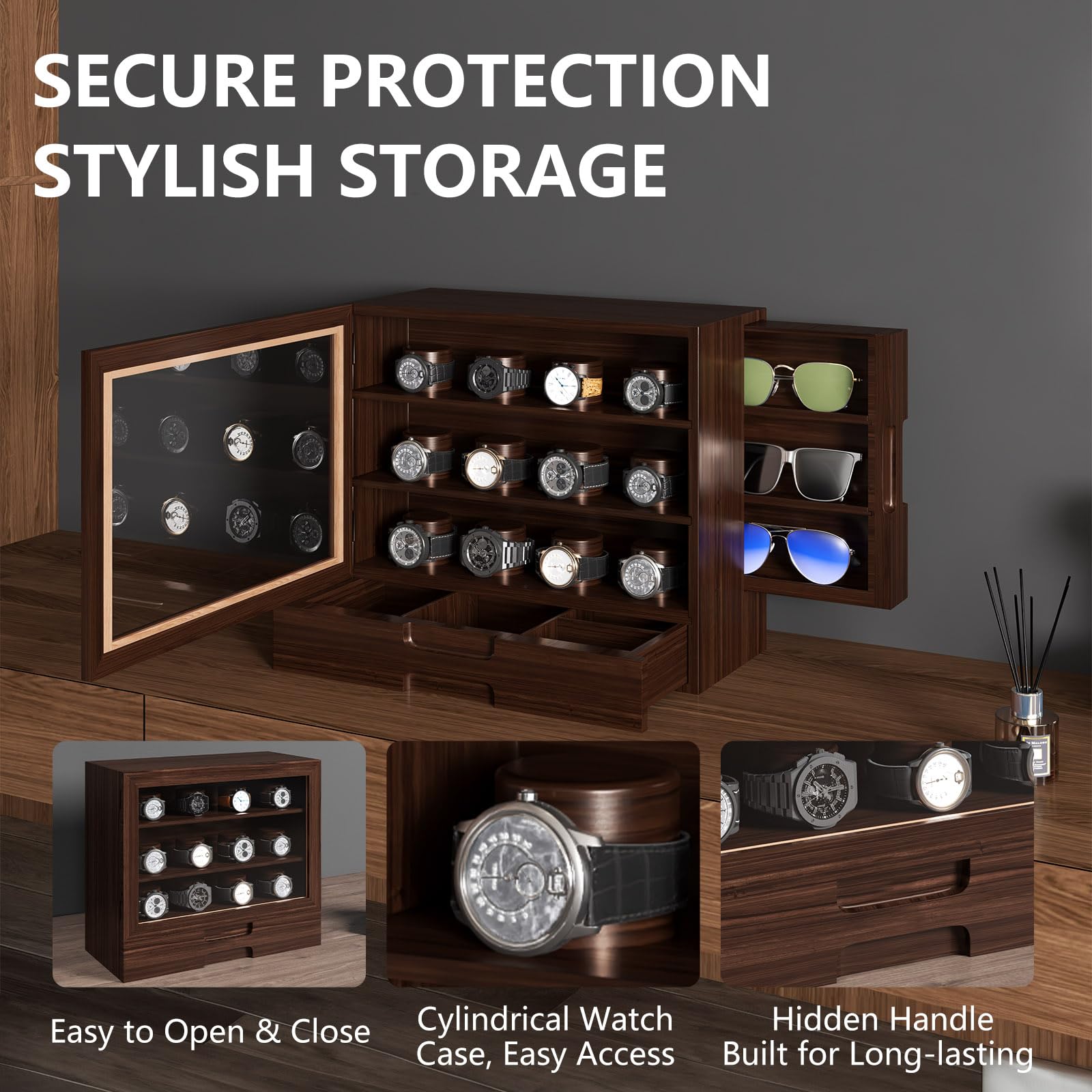 AUTOARK Wooden Watch Sunglass Display Case,12 Watch Box with Jewelry Drawer,Watch Eyeglass Holder with Window,Vertical Storage,Gift Idea,Walnut,AW-185
