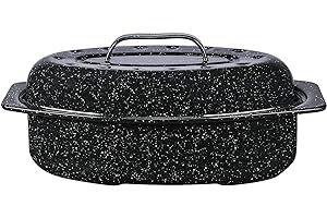 Granite Ware 13-inch oval roaster with Lid. Enameled steel design to accommodate up to 7 lb poultry/roast. Resists up to 932°F. Ideal for preparing meals for two!