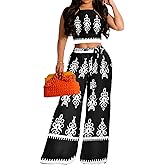 Elegant 2 Piece Sets for Women Sexy Printing Crop Top Long Straight Pants Vacation Outfits Beach