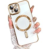 OOK Magnatic Case for iPhone 13 Case [Compatible with MagSafe] Full Camera Lens Protector Gold Electroplate Edge Soft TPU Shockproof Protective Phone Case for Women Men 6.1 Inch - White