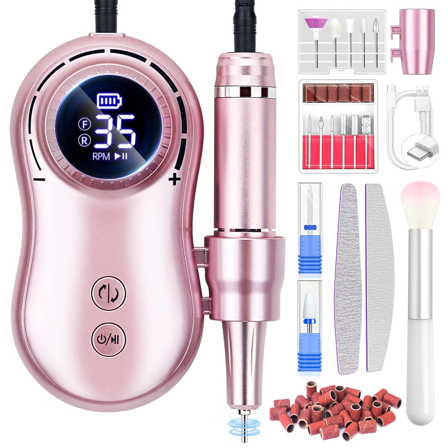 Professional Electric Nail Drill LEDSUUEI: 35000RPM Powerful Electric Nail File Portable Nail Drill with 13 Drill Bits Rechargeable Efile for Acrylic Gel Nails Removing Manicure Pedicure Salon