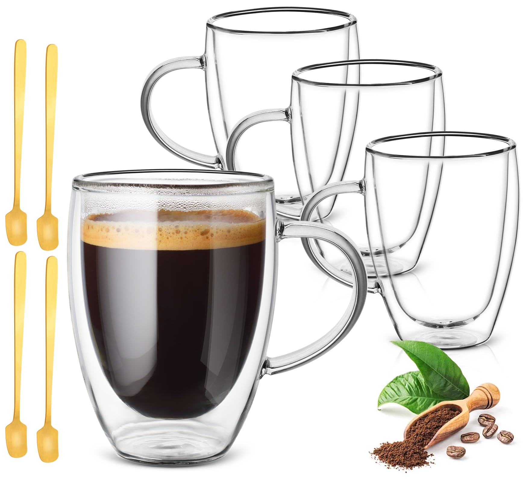 Aenmido 4x350ml Double Walled Glass Coffee Mugs with Handle,Cappuccino Mugs,Insulated Drinking Cups,Clear Glass Mugs for Latte, Americano,Hot Drinks Tea Milk Juice Ice Cream (Clear)